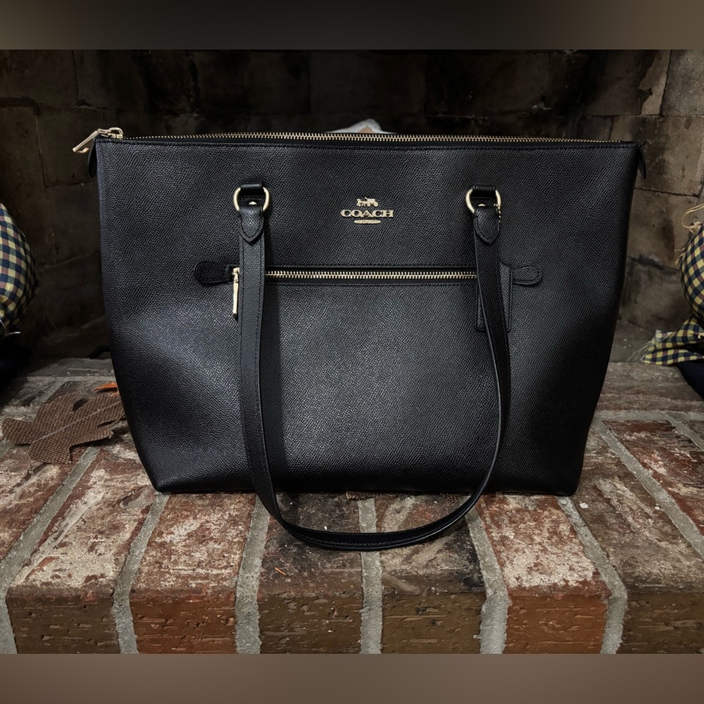 Coach Black Leather Tote with Gold Accents